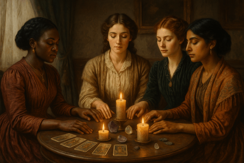 Spirit circles gathered around parlour tables Spirit circles gathered around parlour tables